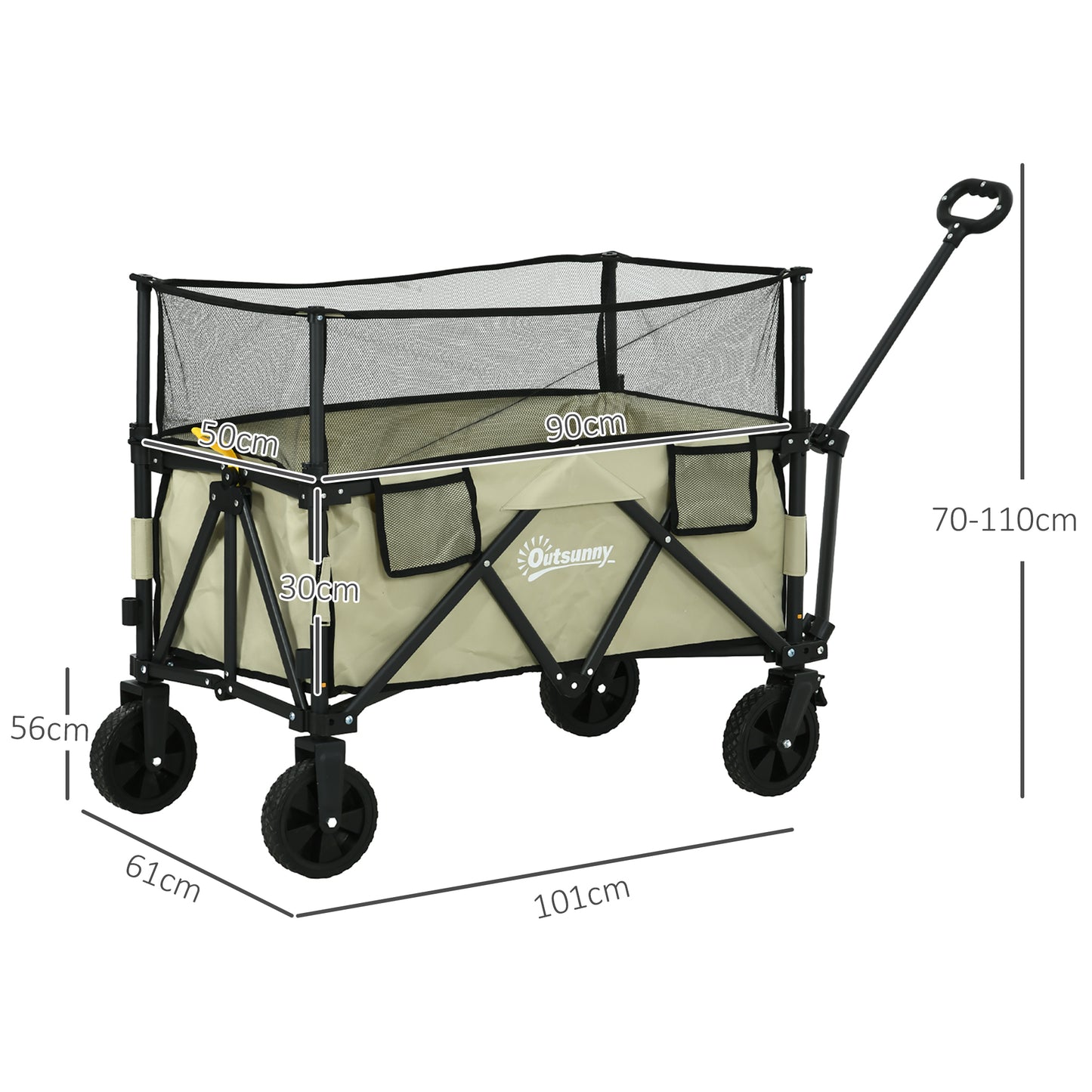 Outsunny Carrinho de Transporte Dobrável 180 L Carrinho de Jardim com Comprimento e Ângulo do Guiador Ajustáveis e Paredes Laterais Extensíveis Carga 120 kg para Pátio Praia Cáqui