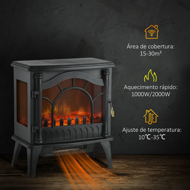 Lareira Elétrica com Temperatura Ajustável - 1000W/2000W - 15-30 m²