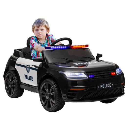 AIYAPLAY Carro Elétrico para Crianças acima de 3 Anos Carro Elétrico Infantil de Policia com Bateria 12V Controlo Remoto Farol Buzina Sirene Música e Roda de Treino 112x66x50 cm Preto