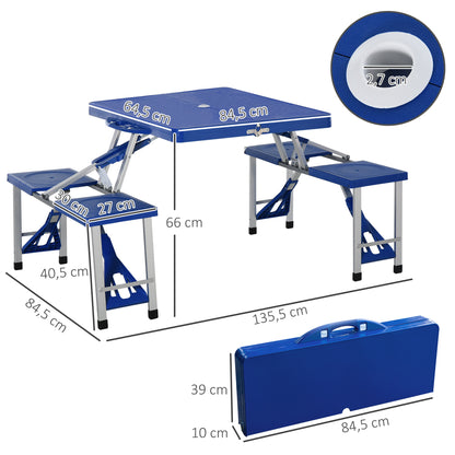 Outsunny Mesa de Acampamento Dobrável com 4 Cadeiras Conjunto para Acampamento com Orifício para Guarda Sol Estrutura de Alumínio 84,5x64,5x66cm Azul