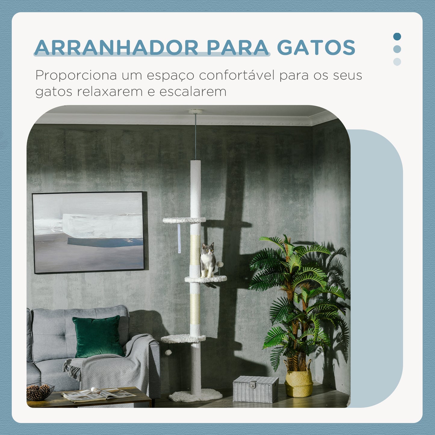 PawHut Arranhador para Gatos de 255 cm Torre para Gatos do Chão ao Teto com Altura Ajustável 3 Plataformas em Forma de Nuvem Poste de Arranhar e Bolas Suspensas 48x32x225-255 cm Branco