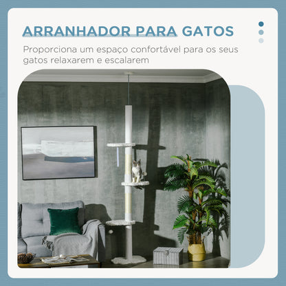 PawHut Arranhador para Gatos de 255 cm Torre para Gatos do Chão ao Teto com Altura Ajustável 3 Plataformas em Forma de Nuvem Poste de Arranhar e Bolas Suspensas 48x32x225-255 cm Branco