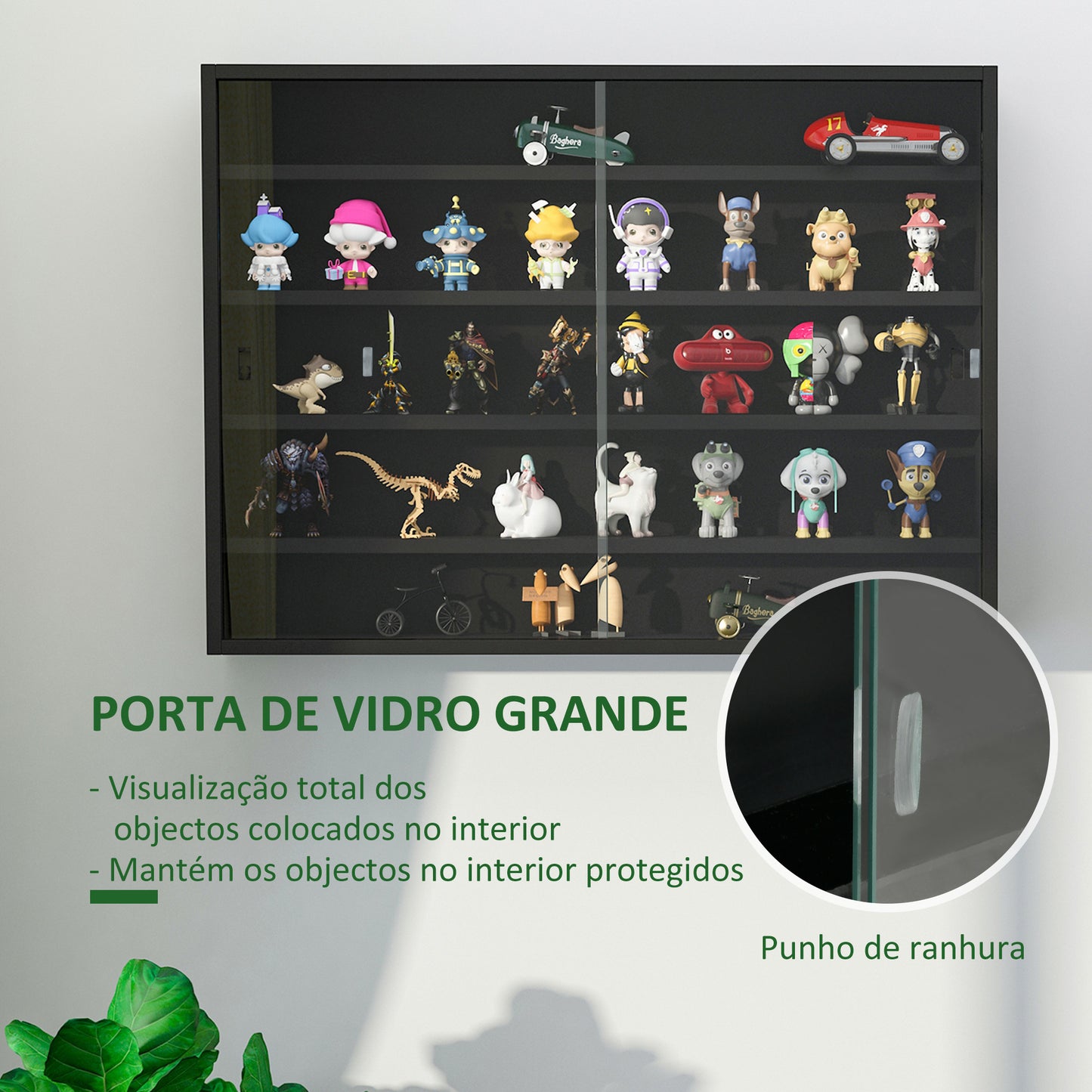 HOMCOM Vitrine de Parede de Madeira com Prateleiras Ajustáveis e 2 Portas Corredeiras de Vidro para Coleções Perfumes Bonecos de Decoração 80x9,5x60cm Preto