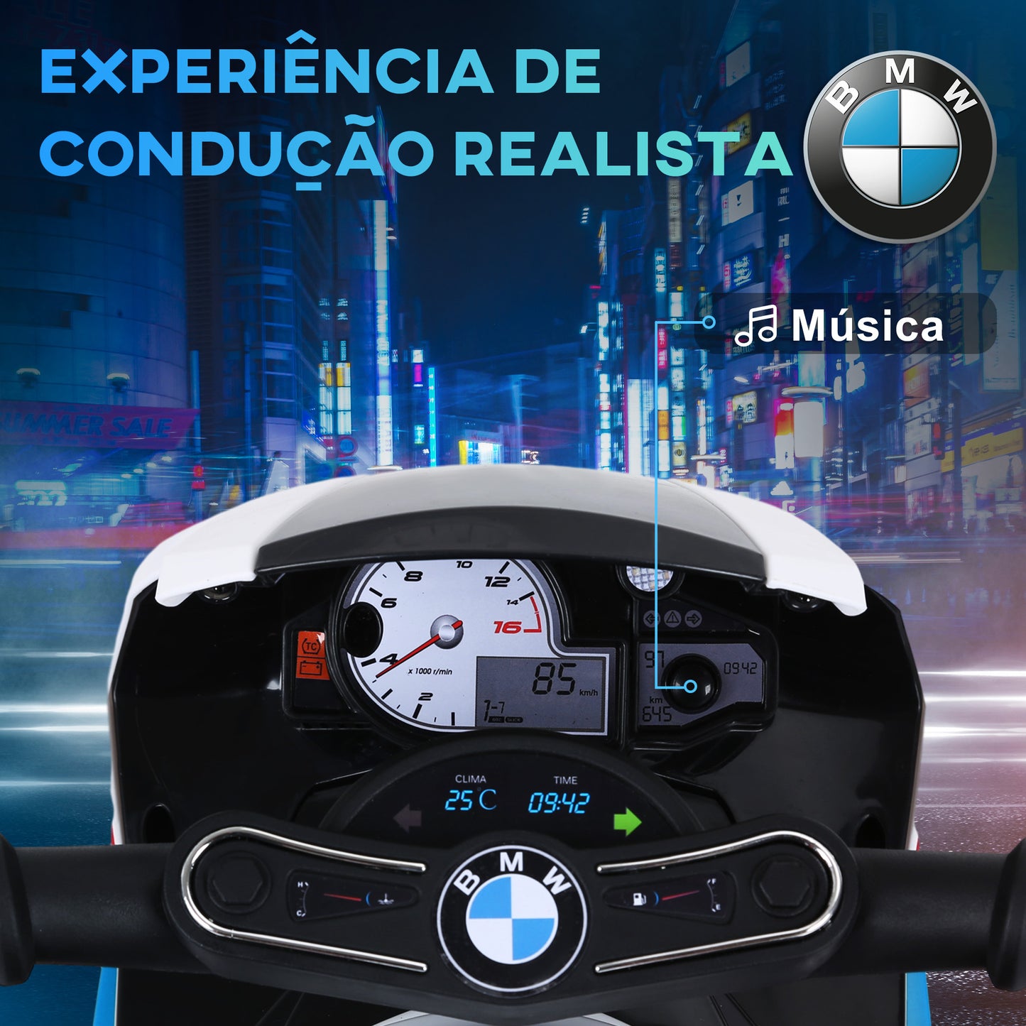 HOMCOM Mota Elétrica BMW para Crianças entre 18-36 Meses 6V com Faróis Música e Velocidade Máx. de 2,5 km/h 66x37x44 cm Azul