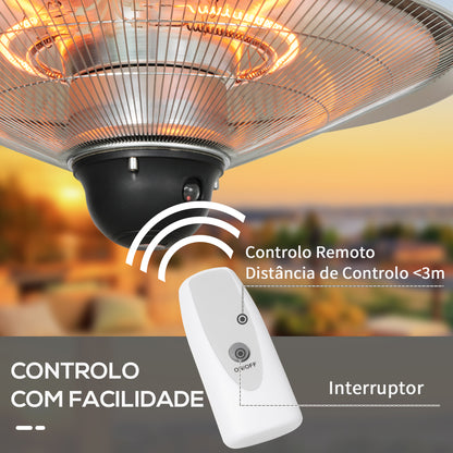 Outsunny Aquecedor de Jardim Elétrico 1010W/1200W Aquecedor de Exterior de Teto de Infravermelho com Controlo Remoto 2 Níveis de Calor Proteção IP44 para Terraço Pátio Ø58,5x33cm Prata