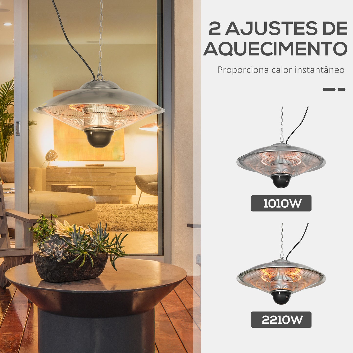 Outsunny Aquecedor de Jardim Elétrico 1010W/1200W Aquecedor de Exterior de Teto de Infravermelho com Controlo Remoto 2 Níveis de Calor Proteção IP44 para Terraço Pátio Ø58,5x33cm Prata