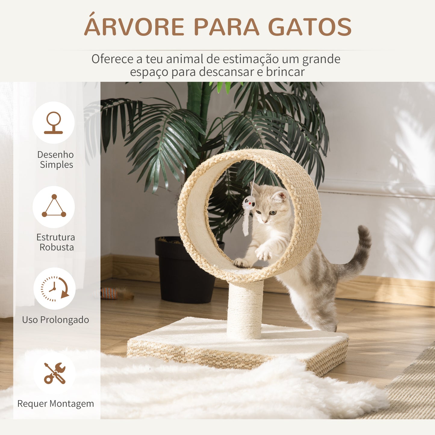 PawHut Árvore para Gatos Pequenos Torre de Arranhar de Gato com Túnel Superior Poste Arranhador de Juta Natural e Brinquedo Suspenso 61x41x50cm Bege