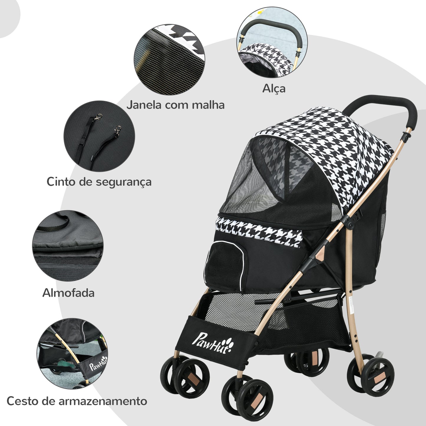 PawHut Carrinho para Cães Carrinho para Animais de Estimação com 2 Entradas Janela de Malha Cesta de Armazenamento Cinto de Segurança e Almofada 80x44,5x97 cm Preto