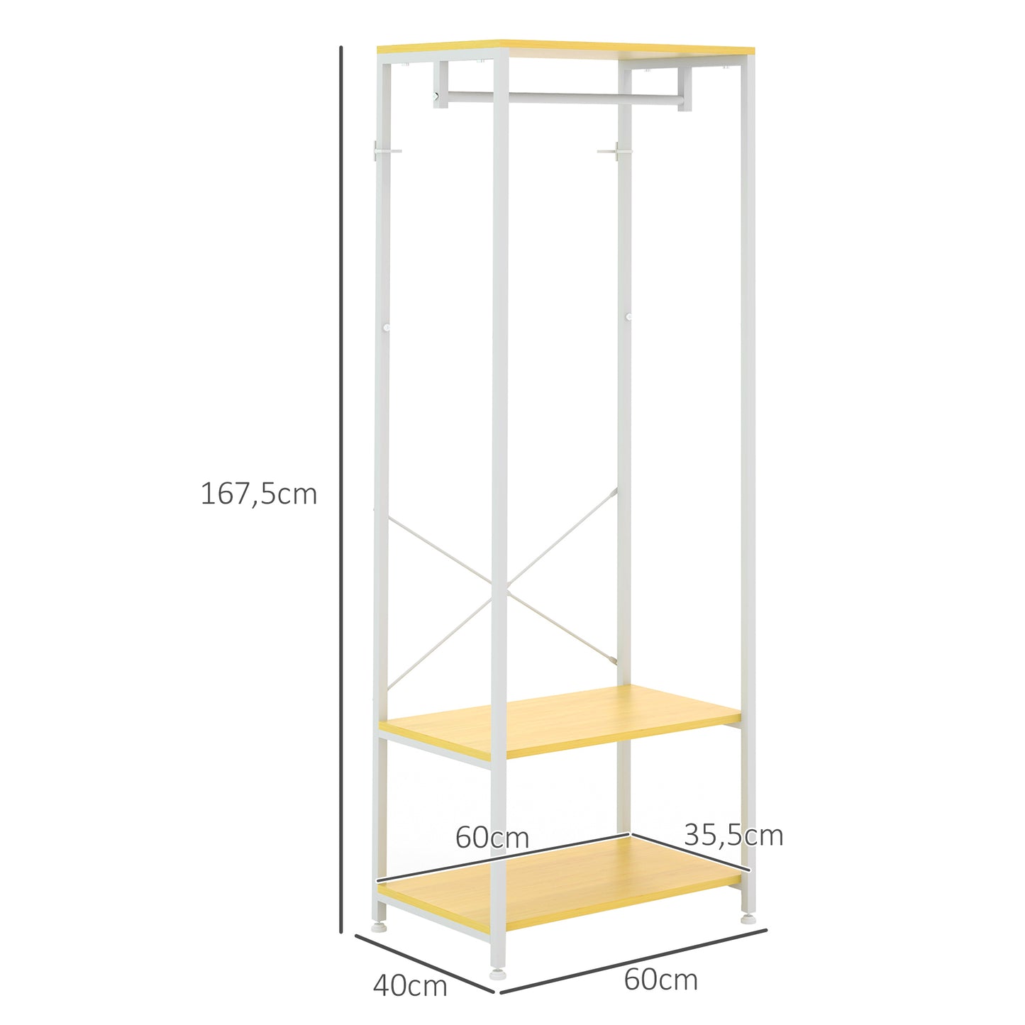 HOMCOM Suporte para Cabide com Barra Suspensa e 2 Estantes de Armazenamento para 6 Pares de Sapatos para Entrada Corredor Quarto 60x40x167,5 cm Natural e Branco