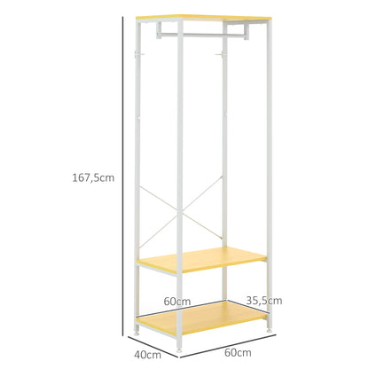 HOMCOM Suporte para Cabide com Barra Suspensa e 2 Estantes de Armazenamento para 6 Pares de Sapatos para Entrada Corredor Quarto 60x40x167,5 cm Natural e Branco