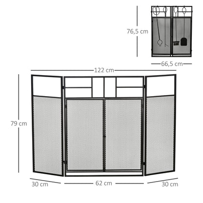 HOMCOM Frente para Lareira Dobrável Proteção para Lareira de 3 Painéis com Dupla Porta 4 Ferramentas e Gancho Estrutura de Metal 122x2x79cm Preto