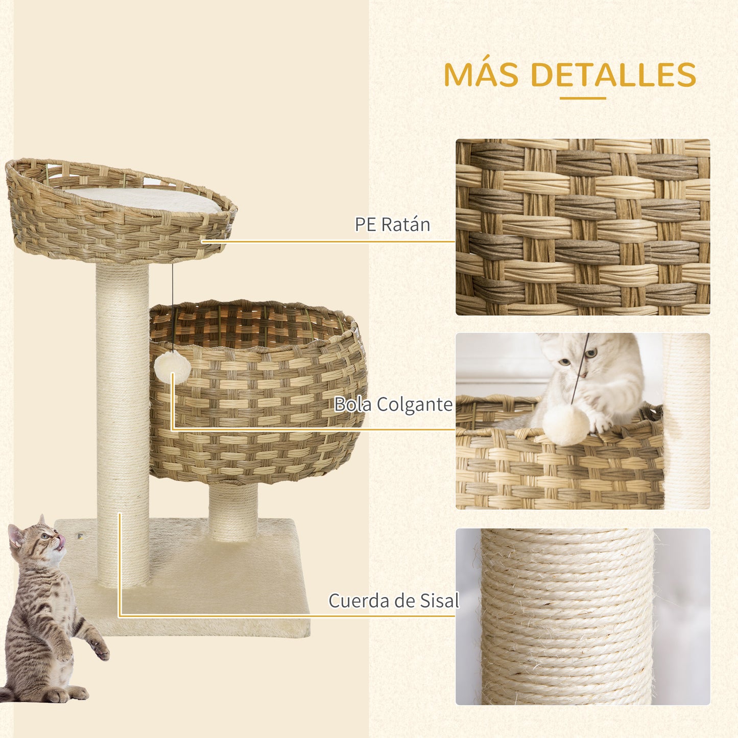 PawHut Árvore para Gatos Médios com Cama Superior Cesto de Vime Sintético com Almofadas Postes Arranhadores de Sisal Natural e Bola Suspensa de Brinquedo 54x40x70cm Bege