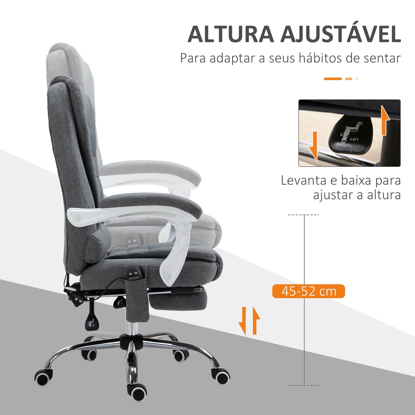 Vinsetto Cadeira de Massagem com 6 Pontos de Massagem Cadeira de Escritório Reclinável com Altura Ajustável Função de Aquecimento Apoio para os Pés e Controlo Remoto 65x70x111-119 cm Cinza