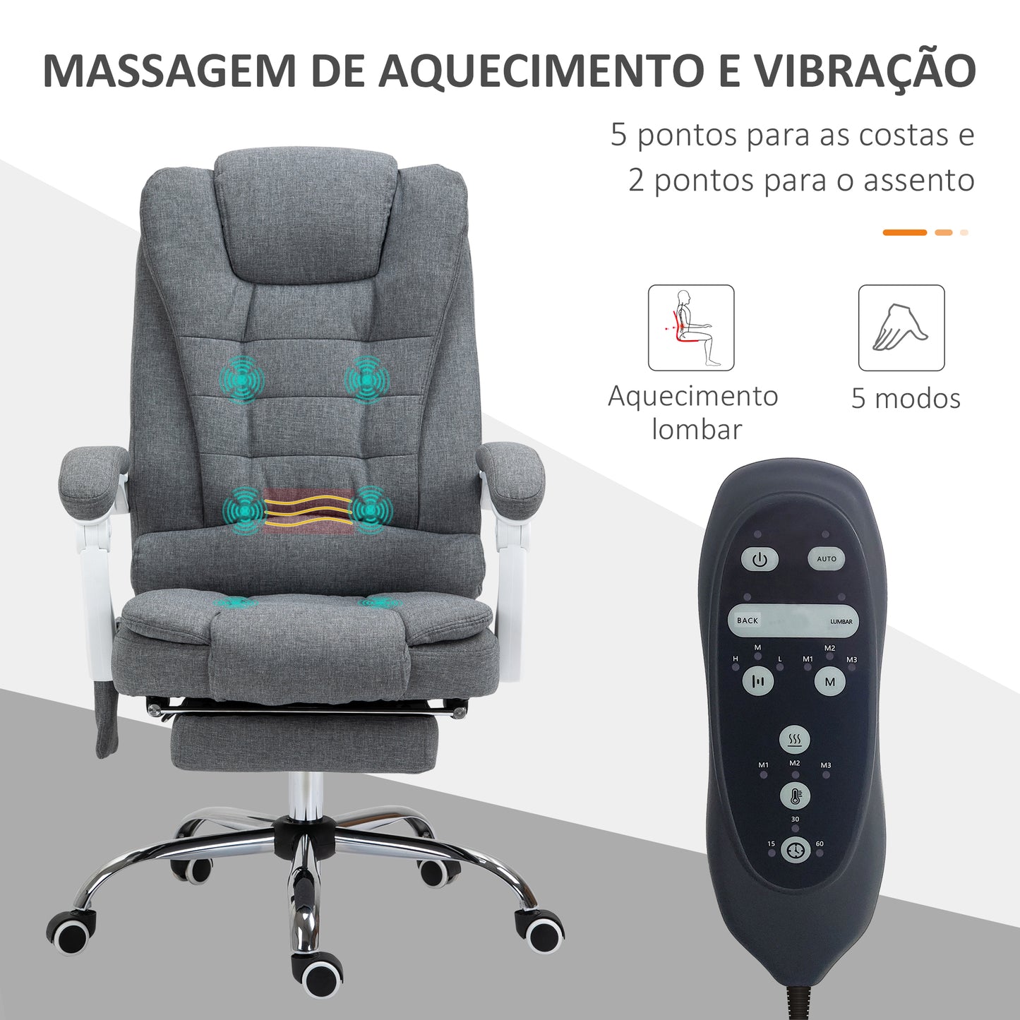 Vinsetto Cadeira de Massagem com 6 Pontos de Massagem Cadeira de Escritório Reclinável com Altura Ajustável Função de Aquecimento Apoio para os Pés e Controlo Remoto 65x70x111-119 cm Cinza