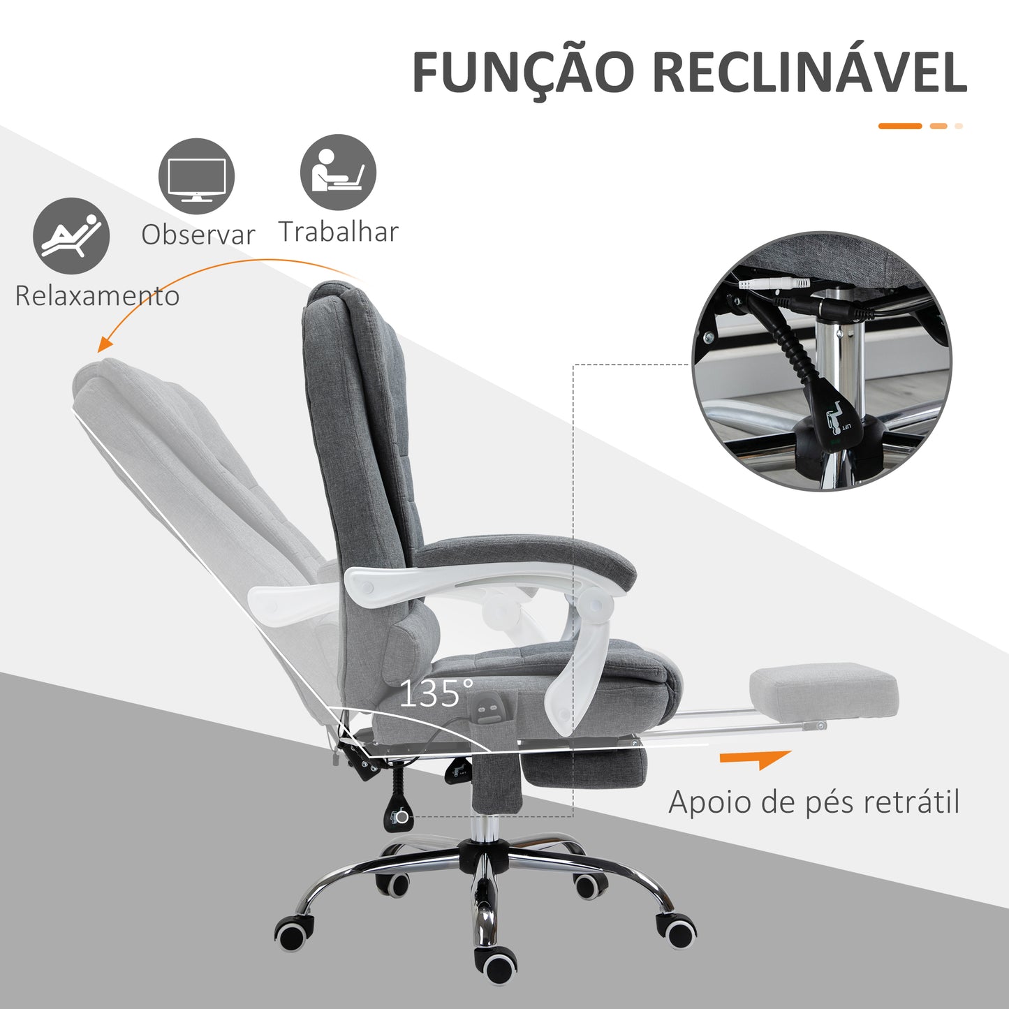 Vinsetto Cadeira de Massagem com 6 Pontos de Massagem Cadeira de Escritório Reclinável com Altura Ajustável Função de Aquecimento Apoio para os Pés e Controlo Remoto 65x70x111-119 cm Cinza