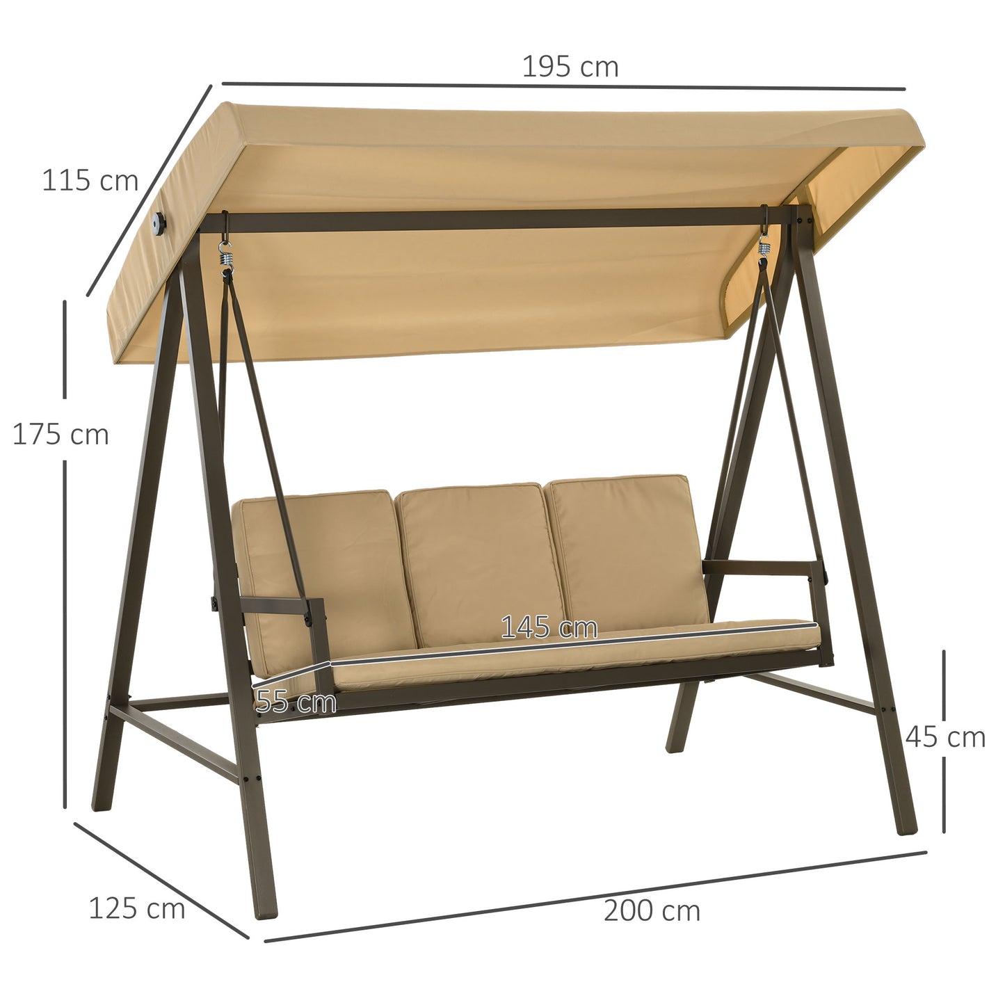 Outsunny Baloiço de Jardim de 3 Lugares Baloiço de Exterior com Toldo Ajustável Almofadas Removíveis e Estrutura de Aço 200x125x175 cm Bege