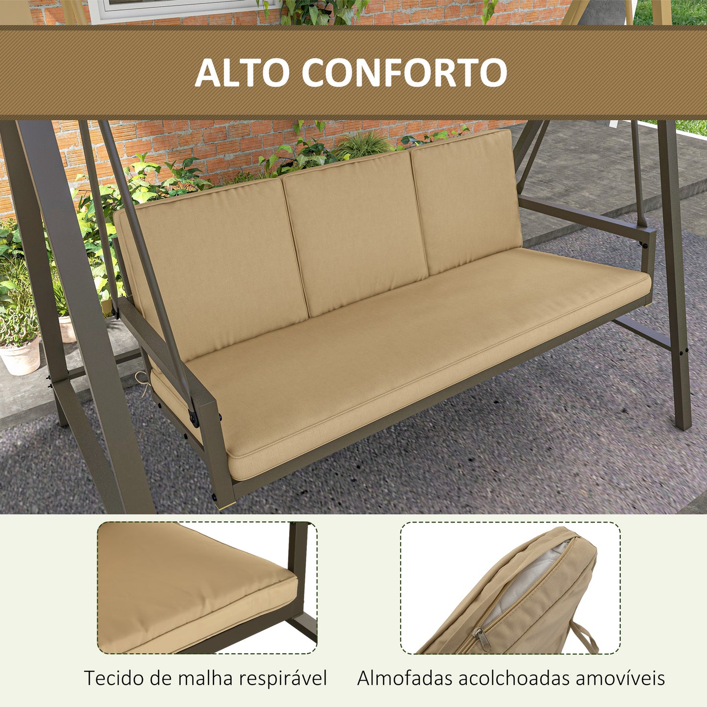 Outsunny Baloiço de Jardim de 3 Lugares Baloiço de Exterior com Toldo Ajustável Almofadas Removíveis e Estrutura de Aço 200x125x175 cm Bege