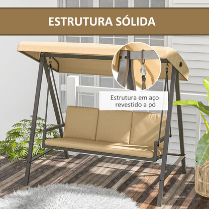 Outsunny Baloiço de Jardim de 3 Lugares Baloiço de Exterior com Toldo Ajustável Almofadas Removíveis e Estrutura de Aço 200x125x175 cm Bege