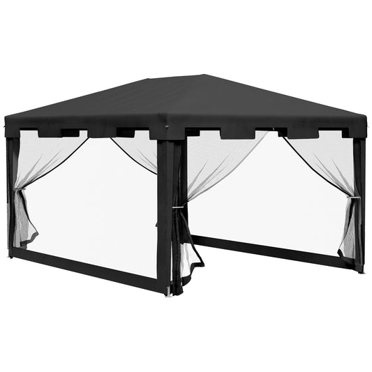 Outsunny Tenda de Jardim 4x3 m Tenda Dobrável de Exterior com 4 Mosqueteiras Laterais 2 Portas com Fecho de Correr e 8 Orifícios de Drenagem para Pátio Praia Cinza