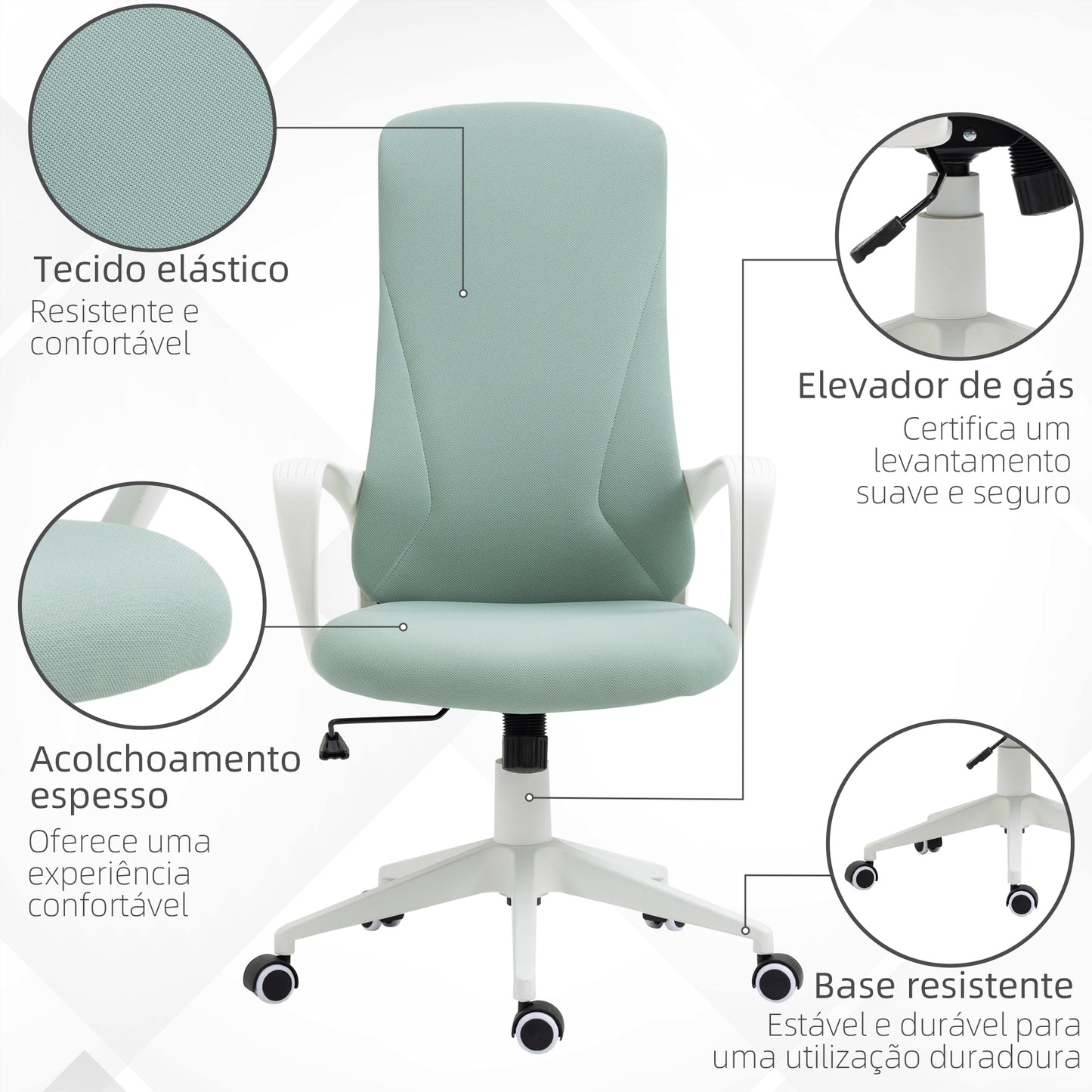 Vinsetto Cadeira de Escritório Giratória com Altura Ajustável Cadeira de Escritório Ergonómica com Apoio para os Braços Função de Inclinação e Encosto Alto 62x56x110-119,5 cm Verde