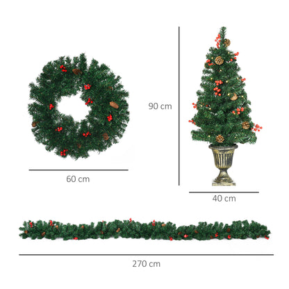 HOMCOM Conjunto de Decoração de Natal 4 Peças Decoração de Natal com 2 Árvores de Natal Coroa e Grinalda com Luzes LED Branca e Bagas Vermelhas 40x40x90cm Verde