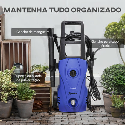 DURHAND Lavadora de Alta Pressão 1600W Caudal 432 L/h Bomba de Alumínio Pressão de 135 Bar Mangueira de 6 m Inclui Garrafas de Sabão Bocal Escova 32x24x65 cm Azul