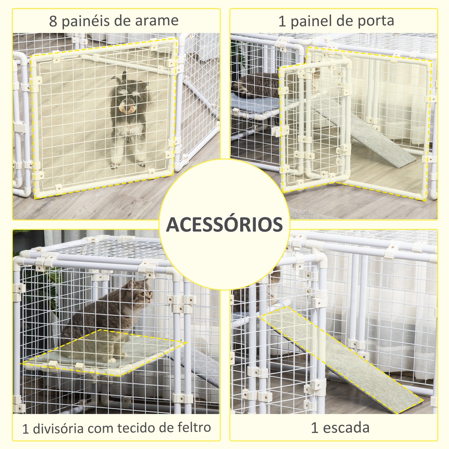 PawHut Recinto Modular para Animais de Estimação Recinto para Coelhos com 9 Painéis de 68x68,2x2,5cm Trava e Escada para Cobaias Desenho DIY Branco