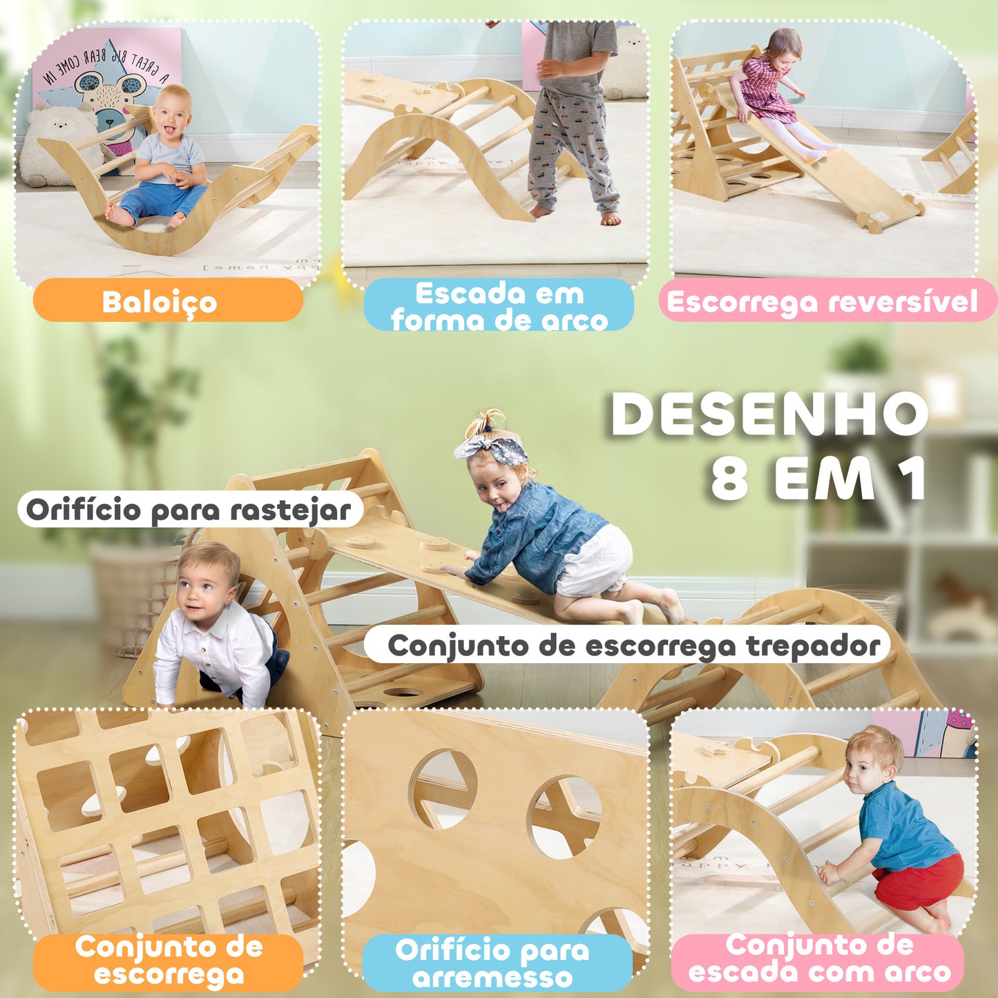 AIYAPLAY Triângulo de Escalar de Madeira 8 em 1 Jogo de Aprendizagem para Crianças de 18-48 Meses com Rampa Escada em Forma de Arco e Bolsa de Areia 175x59,5x60 cm Madeira