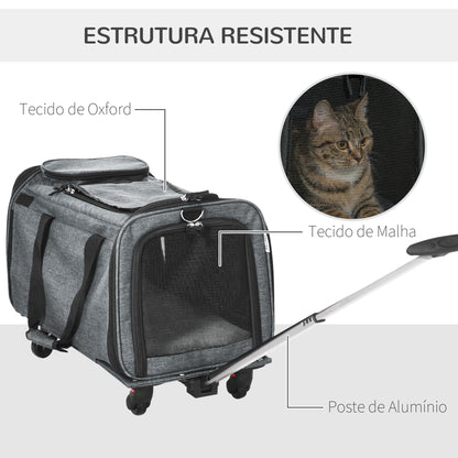 PawHut Transportadora para Animais de Estimação 4 em 1 com Rodas Bolsa de Transporte para Cães e Gatos com Cabo Telescópico de Alumínio 50x31x37 cm Cinza