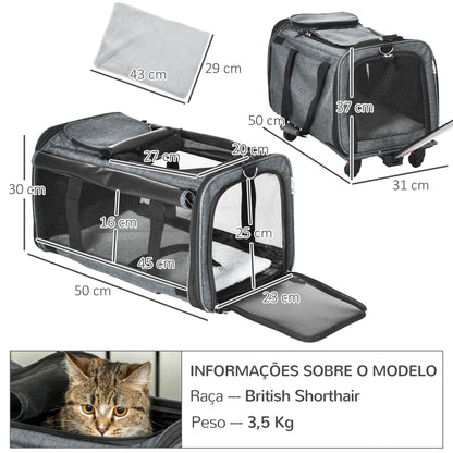 PawHut Transportadora para Animais de Estimação 4 em 1 com Rodas Bolsa de Transporte para Cães e Gatos com Cabo Telescópico de Alumínio 50x31x37 cm Cinza