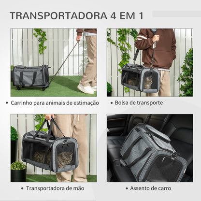 PawHut Transportadora para Animais de Estimação 4 em 1 com Rodas Bolsa de Transporte para Cães e Gatos com Cabo Telescópico de Alumínio 50x31x37 cm Cinza