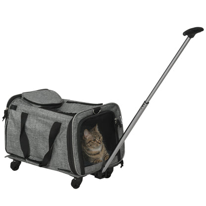 PawHut Transportadora para Animais de Estimação 4 em 1 com Rodas Bolsa de Transporte para Cães e Gatos com Cabo Telescópico de Alumínio 50x31x37 cm Cinza