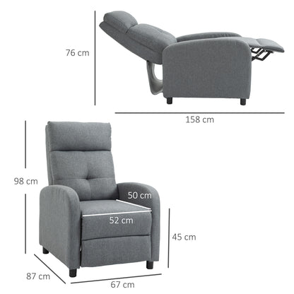 HOMCOM Poltrona Relax Reclinável até 155° Poltrona Reclinável Manual Estofado em Tecido Carga Máxima 150 kg para Pessoas com Altura Inferior 195 cm 67x87x98 cm Cinza