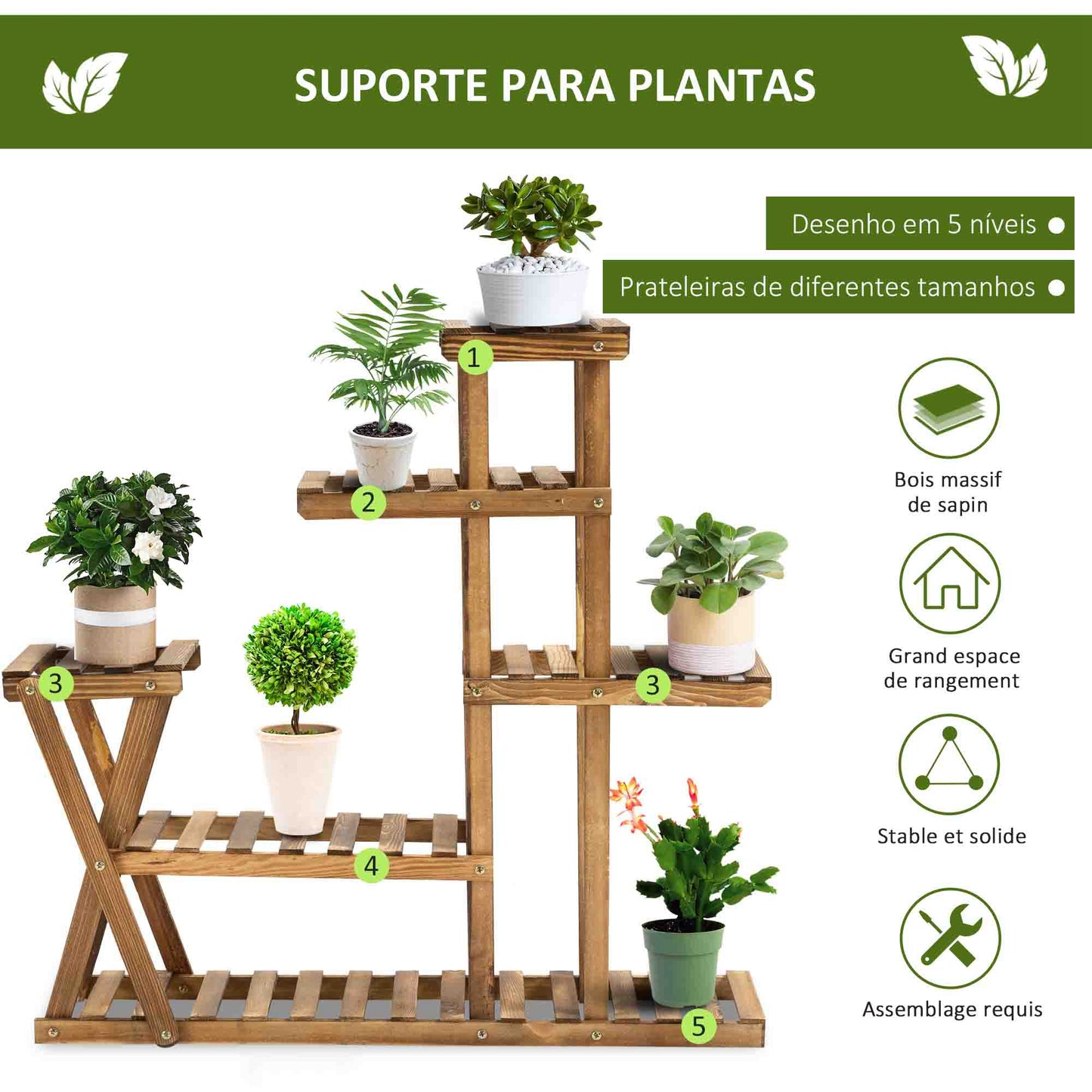 HOMCOM Suporte para Plantas Estante para Plantas de Madeira Estante para Flores com 5 Níveis Carga Máxima 60 kg para Interior Exterior 98x28x95 cm Madeira Carbonizada