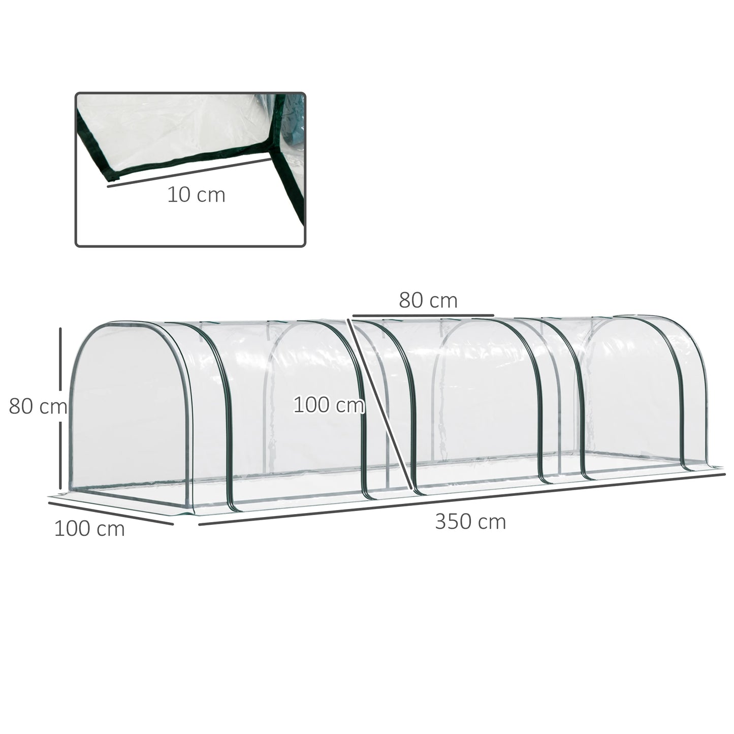 Estufa 350x100x80 cm para Jardim Varanda Estufa Pequena para Cultivo de Plantas com 3 Janelas Estrutura de Aço e PVC Transparente e Verde