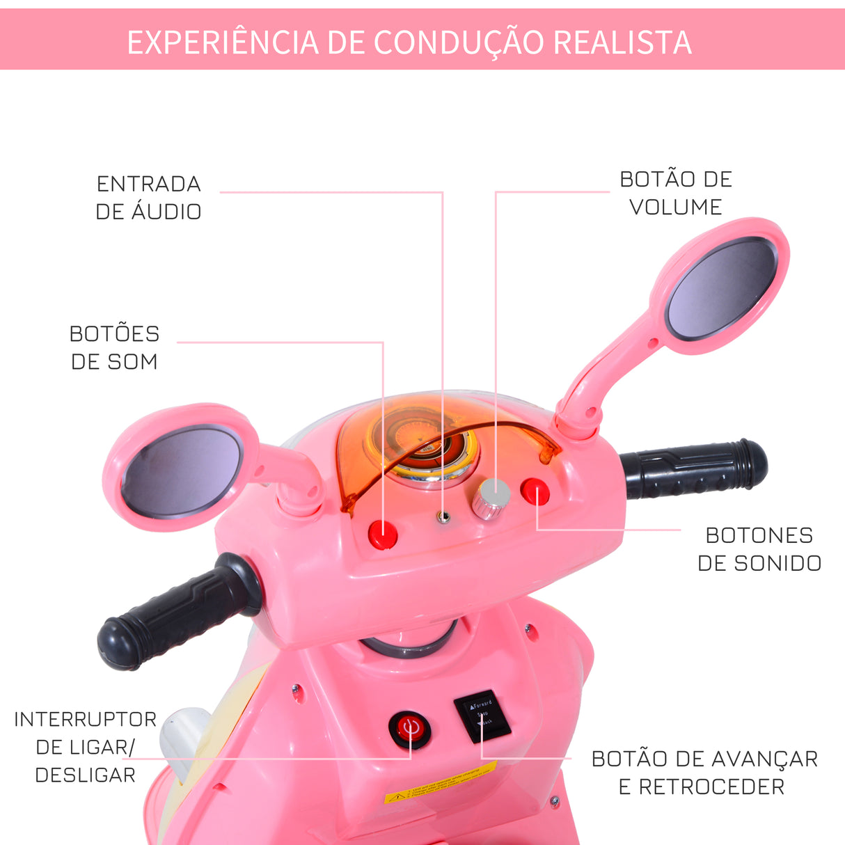 HomCom® Carro de triciclo Moto elétrica infantil com Bateria para crianças com mais de 3 anos 108x51x75cm Rosa