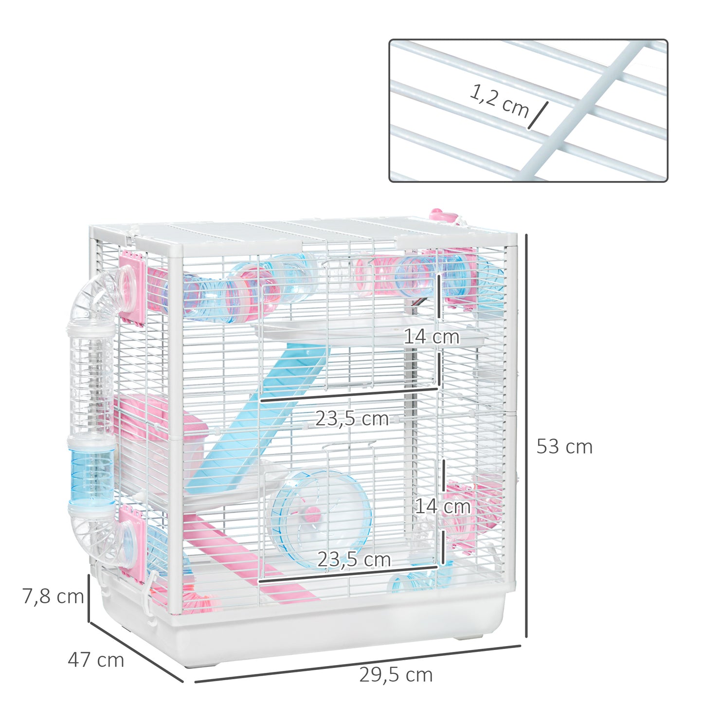 PawHut Gaiola para Hamster com Tubos de Túnel 47x29,5x53 cm Casa para hamster com 2 Portas Bandeja Comedouro Casa 2 Rampas e Roda de Exercícios Branco