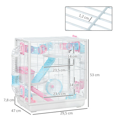 PawHut Gaiola para Hamster com Tubos de Túnel 47x29,5x53 cm Casa para hamster com 2 Portas Bandeja Comedouro Casa 2 Rampas e Roda de Exercícios Branco