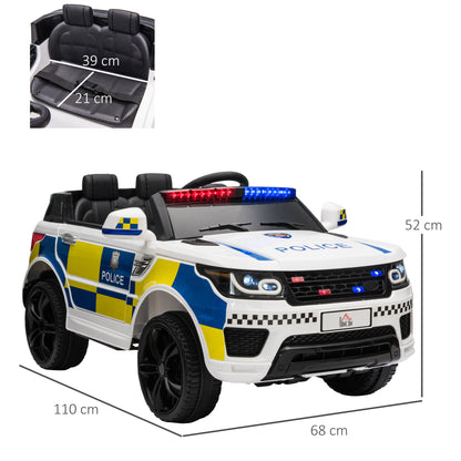 Carro Elétrico para Crianças acima de 3 Anos Carro Elétrico Infantil de Policia Carro a Bateria 12V com Controlo Remoto Bluetooth USB Luz Sirene 110x68x52 cm Branco