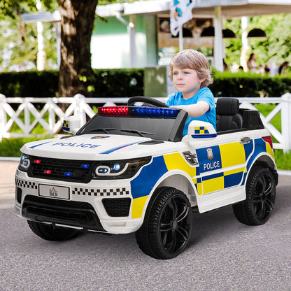 Carro Elétrico para Crianças acima de 3 Anos Carro Elétrico Infantil de Policia Carro a Bateria 12V com Controlo Remoto Bluetooth USB Luz Sirene 110x68x52 cm Branco