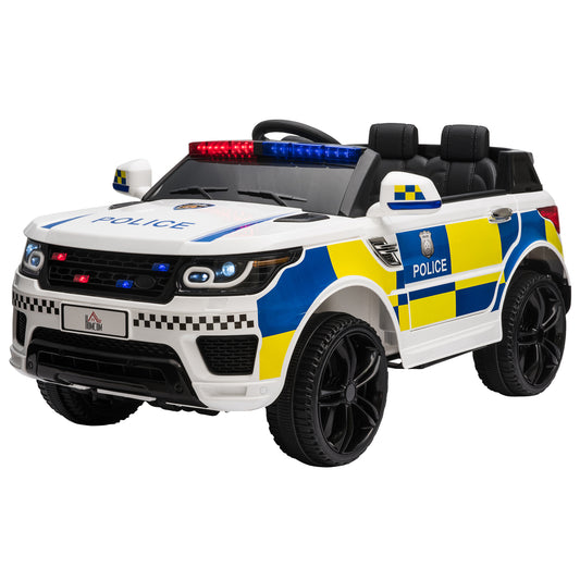 Carro Elétrico para Crianças acima de 3 Anos Carro Elétrico Infantil de Policia Carro a Bateria 12V com Controlo Remoto Bluetooth USB Luz Sirene 110x68x52 cm Branco