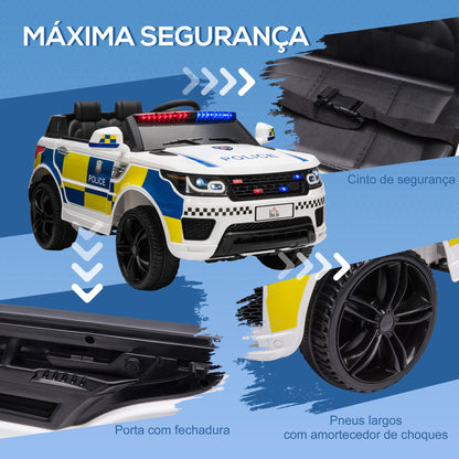 Carro Elétrico para Crianças acima de 3 Anos Carro Elétrico Infantil de Policia Carro a Bateria 12V com Controlo Remoto Bluetooth USB Luz Sirene 110x68x52 cm Branco