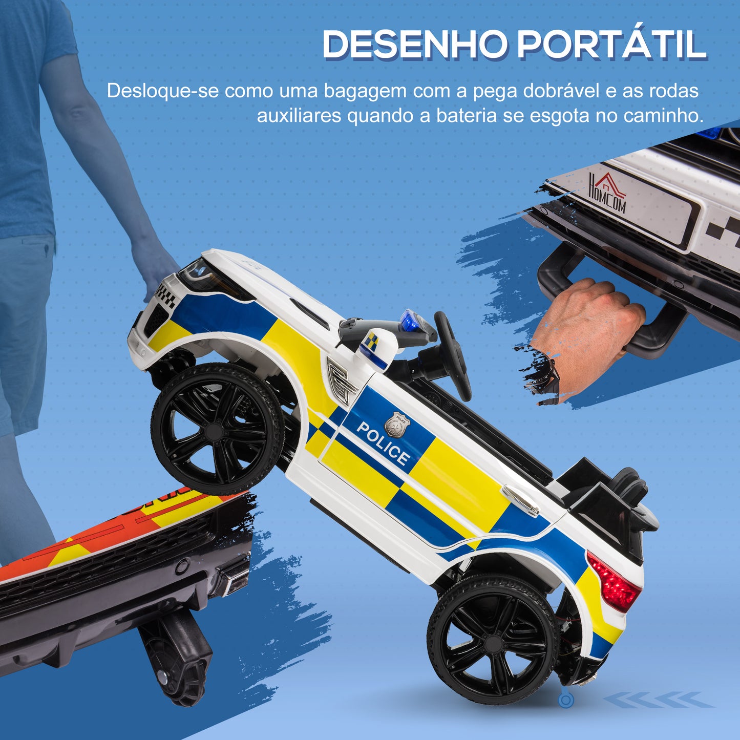 Carro Elétrico para Crianças acima de 3 Anos Carro Elétrico Infantil de Policia Carro a Bateria 12V com Controlo Remoto Bluetooth USB Luz Sirene 110x68x52 cm Branco