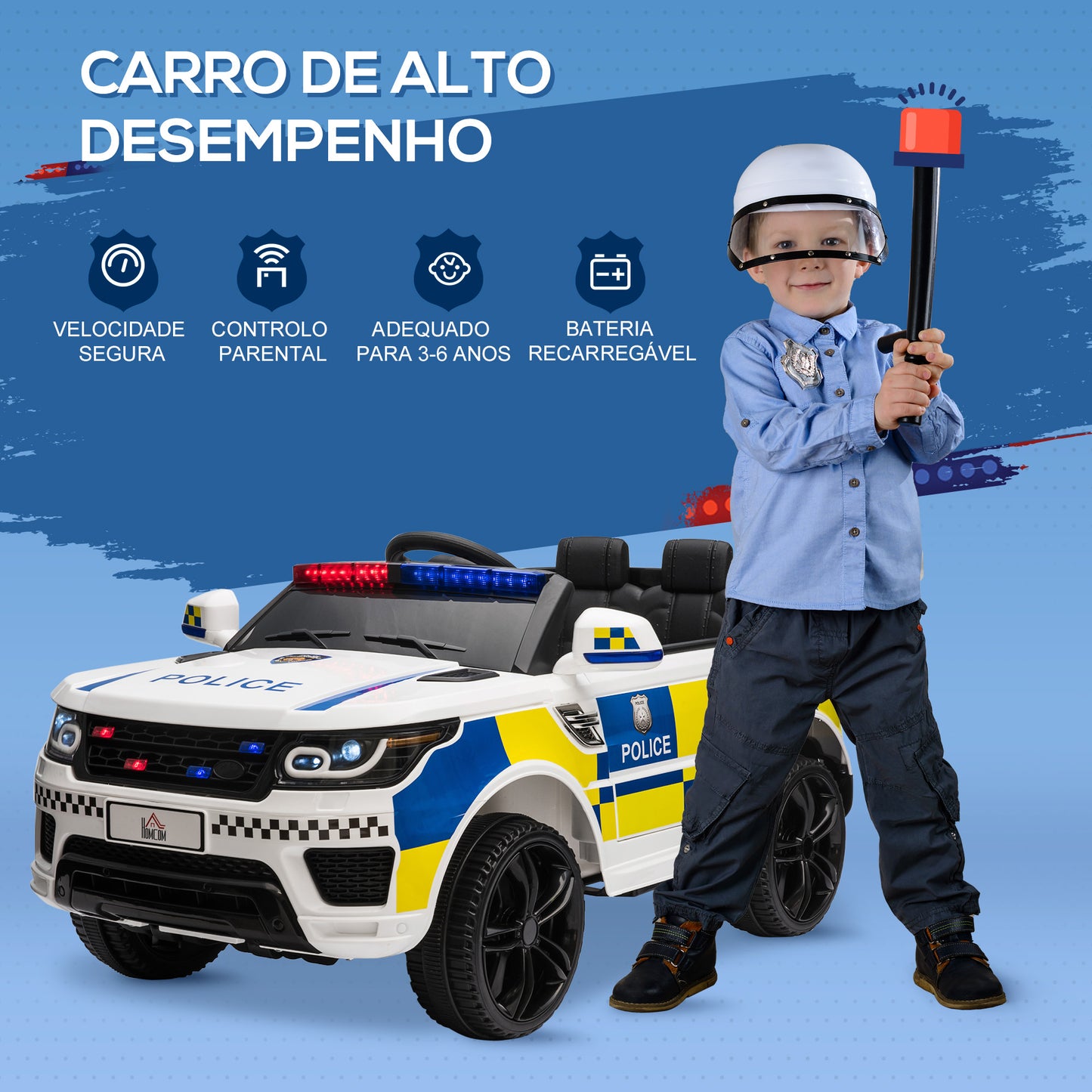 Carro Elétrico para Crianças acima de 3 Anos Carro Elétrico Infantil de Policia Carro a Bateria 12V com Controlo Remoto Bluetooth USB Luz Sirene 110x68x52 cm Branco