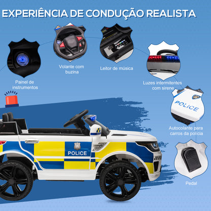 Carro Elétrico para Crianças acima de 3 Anos Carro Elétrico Infantil de Policia Carro a Bateria 12V com Controlo Remoto Bluetooth USB Luz Sirene 110x68x52 cm Branco