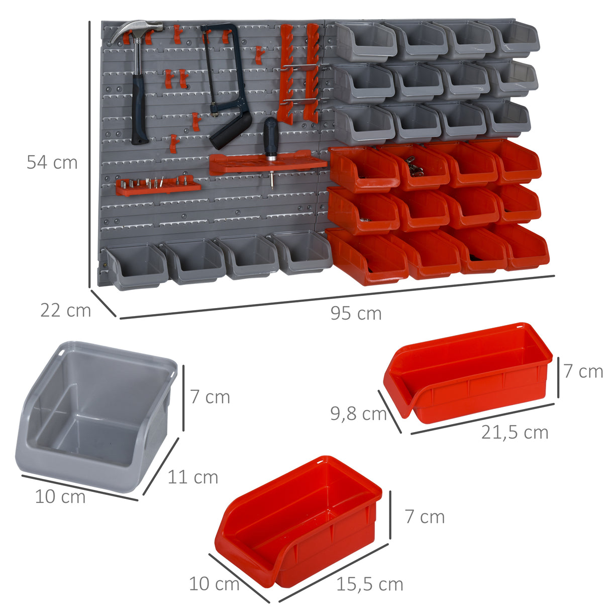 DURHAND Prateleira de Parede Organizador de Ferramentas Prateleiras de Armazenamento com 28 Caixas Empilháveis e Diferentes Ganchos 95x22x54 cm Cinza e Vermelho