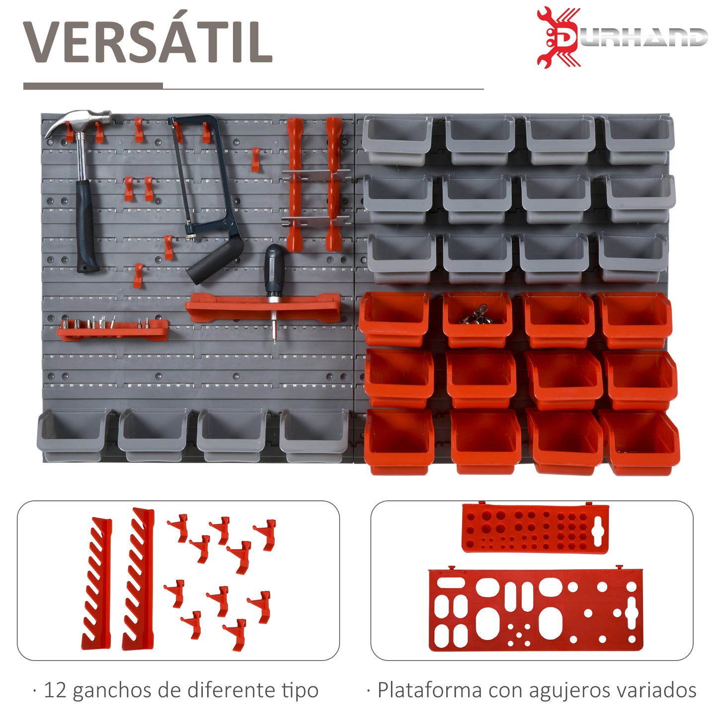 DURHAND Prateleira de Parede Organizador de Ferramentas Prateleiras de Armazenamento com 28 Caixas Empilháveis e Diferentes Ganchos 95x22x54 cm Cinza e Vermelho