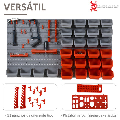 DURHAND Prateleira de Parede Organizador de Ferramentas Prateleiras de Armazenamento com 28 Caixas Empilháveis e Diferentes Ganchos 95x22x54 cm Cinza e Vermelho