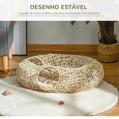 PawHut Cama para Gatos de Vime PE 78x69x22cm Cama para Gatos com Almofada Suave 3 Orifícios de Acesso e Canal em Forma de Anel Natural