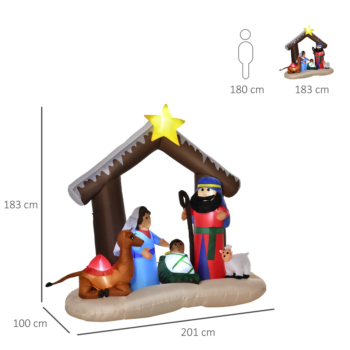 Decoração Inflável de Natal 183cm com Luzes LED Inclui Inflador Nascimento de Jesús para Festas Jardim Exterior 201x100x186cm Multicor